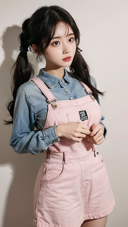 dungarees skirt pink pattern thin flower pattern , big breast , twin tails hair