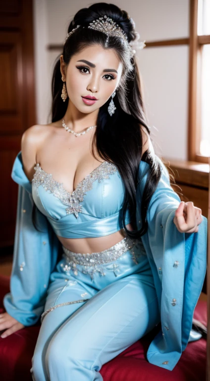 Create an 8k, UHD resolution, high-quality image of a beautiful Japanese woman with a plus-size body and a plump face, reminiscent of Bollywood actress Rani Mukherjee. She should have a big smile and exude gorgeousness and beauty. Capture her in a full-length frame with a slim belly and high waist, dressed as a princess in a cinematic photoshoot. She should have smooth, white, spotless skin, black wavy hair with thick, curly strands, and bright brown highlights. Highlight her large, round chest with deep cleavage, focusing on her chest, while ensuring she is clothed in a black silk sari with intricate embroidery and a cross pattern, paired with a blouse that reflects new styles and designs. Emphasize the shape and symmetry of her eyes, with clear and unique iris patterns, bright sclera, long and thick eyelashes, and thick, well-shaped eyebrows. Her light blue eye color should appear vibrant. The background should depict a village setting with a home and flowers, featuring light blur and extreme detail for a high-quality visual experience.