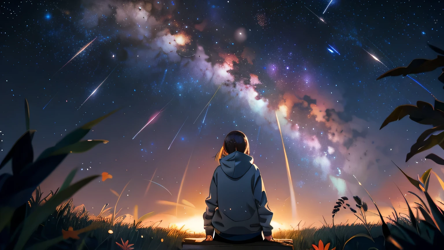 woman observation (Orionid meteor shower), Orionid meteor shower, beautiful, woman, hoodie, womanAlone, camp, camp fire, watching the Orionid meteor shower, from behind, from below, outdoors bonfire Bonfire in the center anime style grow Beautiful Star nebula bonfire is one