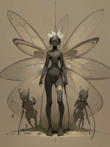 (,(masterpiece), (High resolution), (super delicate), (masterpiece: 1.2, highest quality), scribble, nightmare, doll-like face, cartoon style, rough sketch, Comic style illustration, Japanese painting, full body,(snap shot), flat illustration, creepy appearance, unique atmosphere、A human being surrounded by a large number of insects