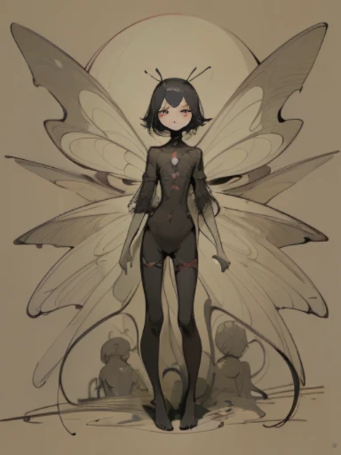 (,(masterpiece), (High resolution), (super delicate), (masterpiece: 1.2, highest quality), scribble, nightmare, doll-like face, cartoon style, rough sketch, Comic style illustration, Japanese painting, full body,(snap shot), flat illustration, creepy appearance, unique atmosphere、A human being surrounded by a large number of insects