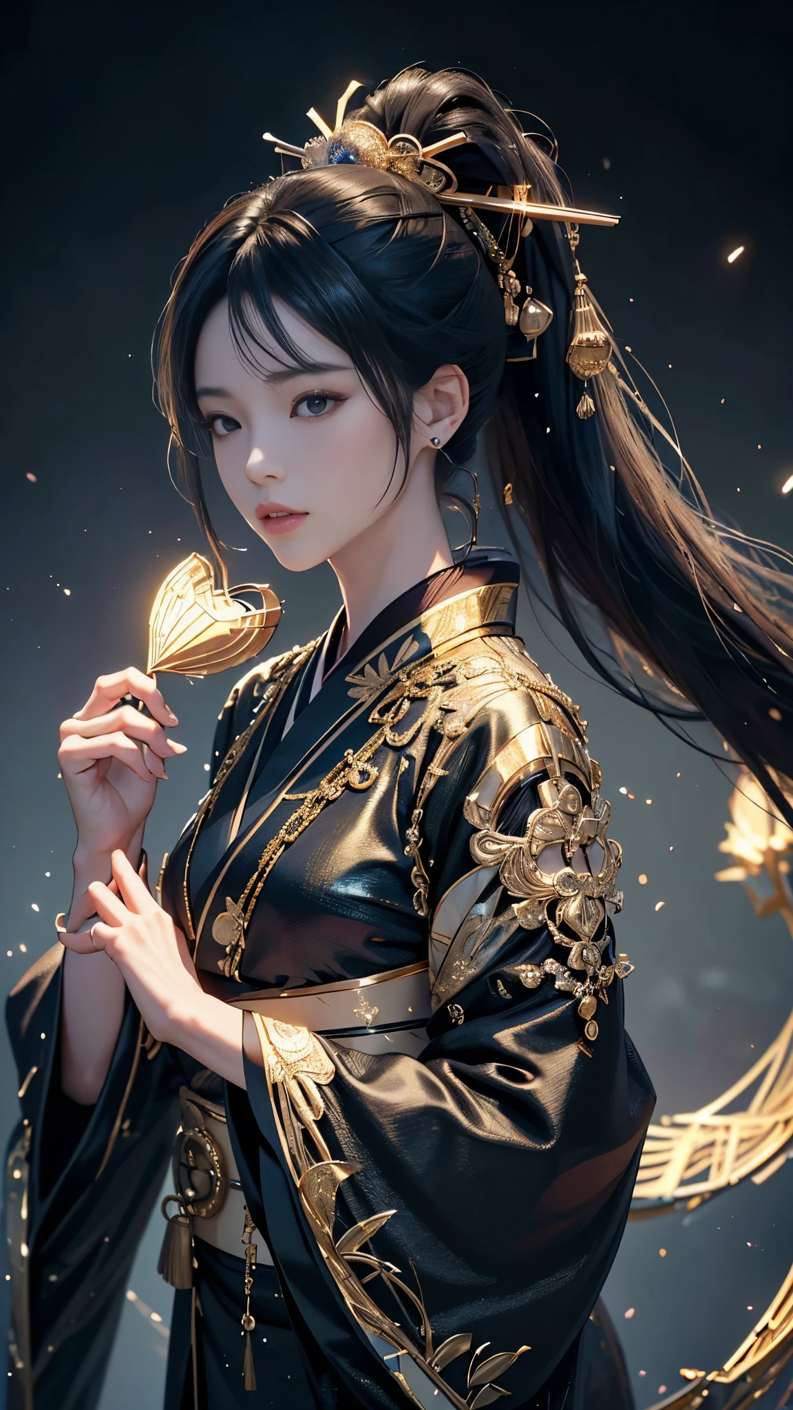 profile,Facing the viewer，((watching at viewers)),Gounio on dark background(kyoto、starryskybackground,Dense background),Perfect hand、Woman with shiny black hair,((3D with 3D effects)),Break the ponytail、exquisite costumes{Luxury kimono(Colorful kimono(Delicate gold embroidery,))}、face perfect,Depicting a beautiful and elegant Japanese woman。heart in the eyes。 Wallpaper 8k, .Blur the background with a sickle,((masutepiece)), ((Best quality)),{{Photorealistic}}