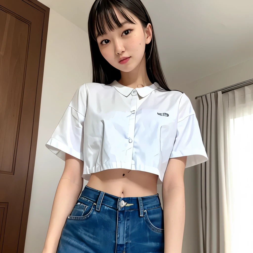 product quality, 1 girl per 1 photo, cowboy shot, front view, a Japanese young pretty girl, long bob hair, wearing a marriage ring, wearing a short sleeves T-shirt with a graphic printed, wearing white silk panties, standing in front of her closet with a big smile in her room, hyper cute face, glossy lips, double eyelids for both eyes, natural makeup, shiny smooth light brown hair of long bob hair, asymmetrical bangs, tanned skin, central image, 8K resolution, high detail, detailed hairstyle, detailed face, cinematic lighting, octane rendering, hyper realistic, perfect limbs, perfect anatomy