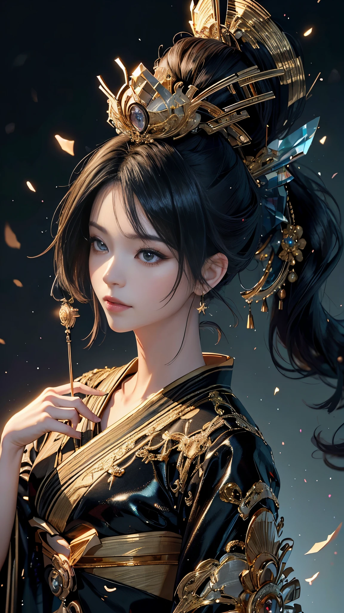 profile,Facing the viewer，((watching at viewers)),Gounio on dark background(kyoto、starryskybackground,Dense background),Perfect hand、Woman with shiny black hair,((3D with 3D effects)),Break the ponytail、exquisite costumes{Luxury kimono(Colorful kimono(Delicate gold embroidery,))}、face perfect,Depicting a beautiful and elegant Japanese woman。heart in the eyes。 Wallpaper 8k, .Blur the background with a sickle,((masutepiece)), ((Best quality)),{{Photorealistic}}