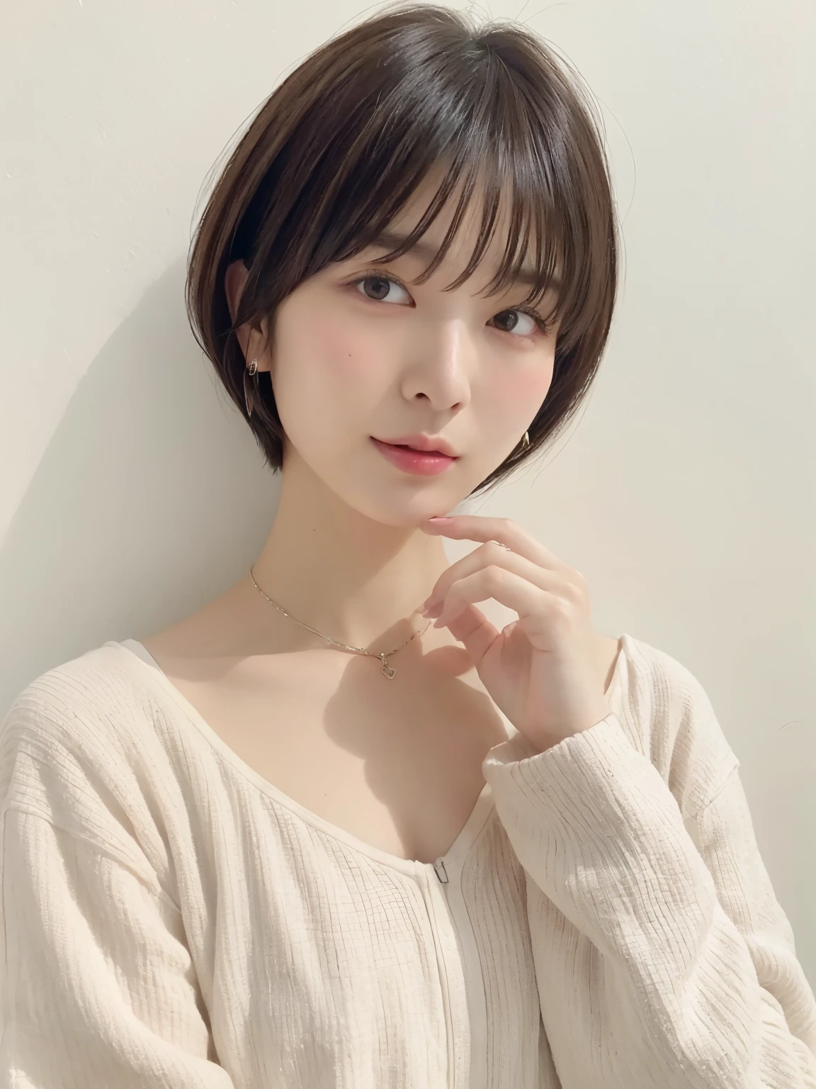 (highest quality、8K、32k、masterpiece、nffsw:1.2)、Photo of beautiful Japan woman in her 30s、very short hair、short hair、shortcut、Upper body、necklace、shot from above、don&#39;t look at the camera、(realistic、Photoreal:1.37)、1 girl、Photographed in natural light、Physically based rendering、excellent image quality、High resolution、1080p、(Detailed facial description)、(Detailed explanation of hands)、(Detailed CG)、Rich details、(exquisite features)、(best image quality)、(masterpiece)、(fine eyes)、delicate clavicle、Various poses、profile、white wall、Taken in front of the white door、(窓のあるwhite wallの部屋)、earrings、laughter、spring clothes、((long sleeve dress))