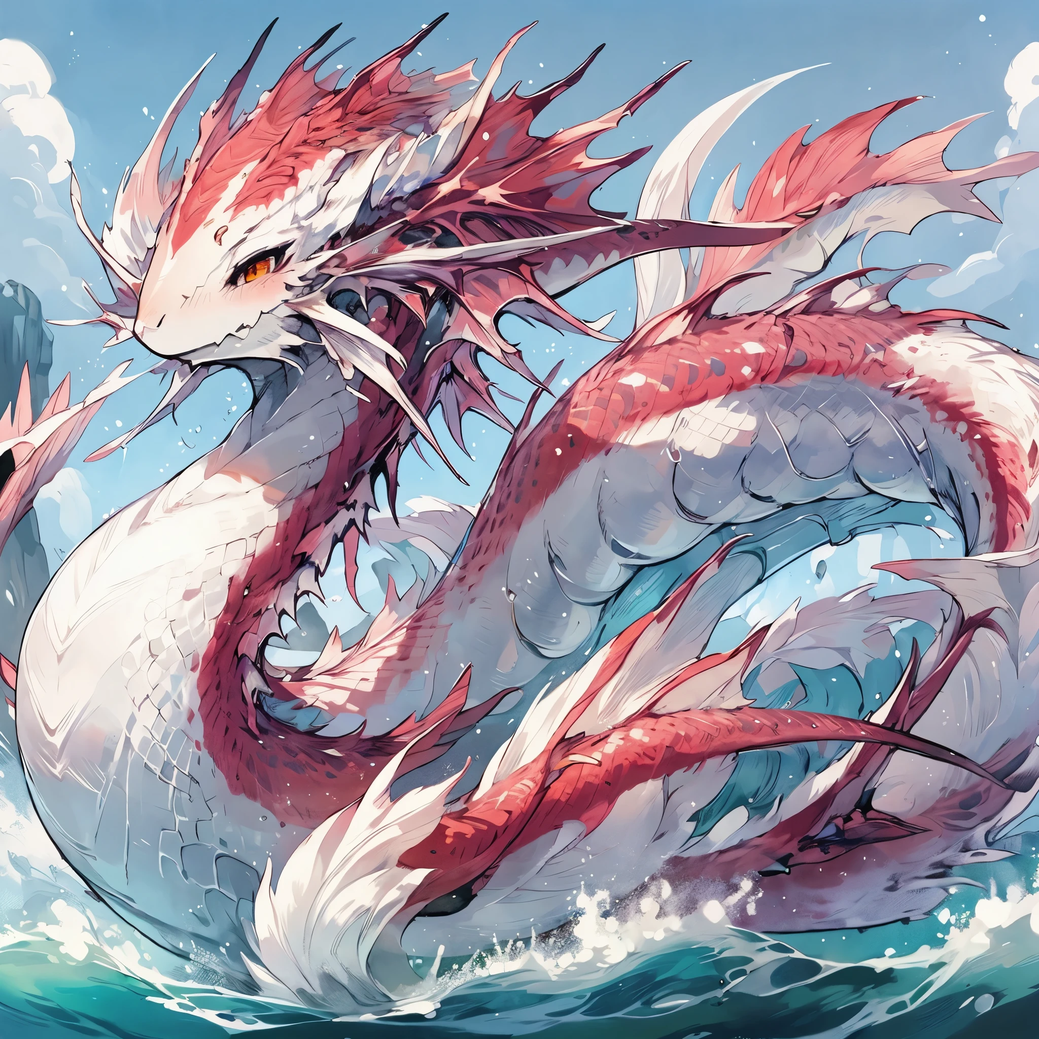 Female Dragon. Oarfish element. (furryfemale)(kemono). red crest. rough sea. anime style.