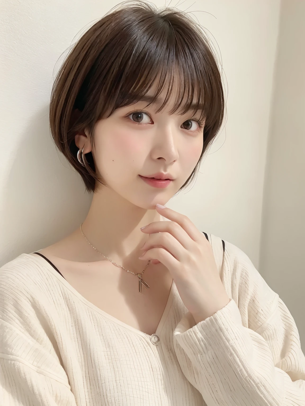 (highest quality、8K、32k、masterpiece、nffsw:1.2)、Photo of beautiful Japan woman in her 30s、very short hair、short hair、shortcut、Upper body、necklace、shot from above、don&#39;t look at the camera、(realistic、Photoreal:1.37)、1 girl、Photographed in natural light、Physically based rendering、excellent image quality、High resolution、1080p、(Detailed facial description)、(Detailed explanation of hands)、(Detailed CG)、Rich details、(exquisite features)、(best image quality)、(masterpiece)、(fine eyes)、delicate clavicle、Various poses、profile、white wall、Taken in front of the white door、(窓のあるwhite wallの部屋)、earrings、laughter、spring clothes、((long sleeve dress))