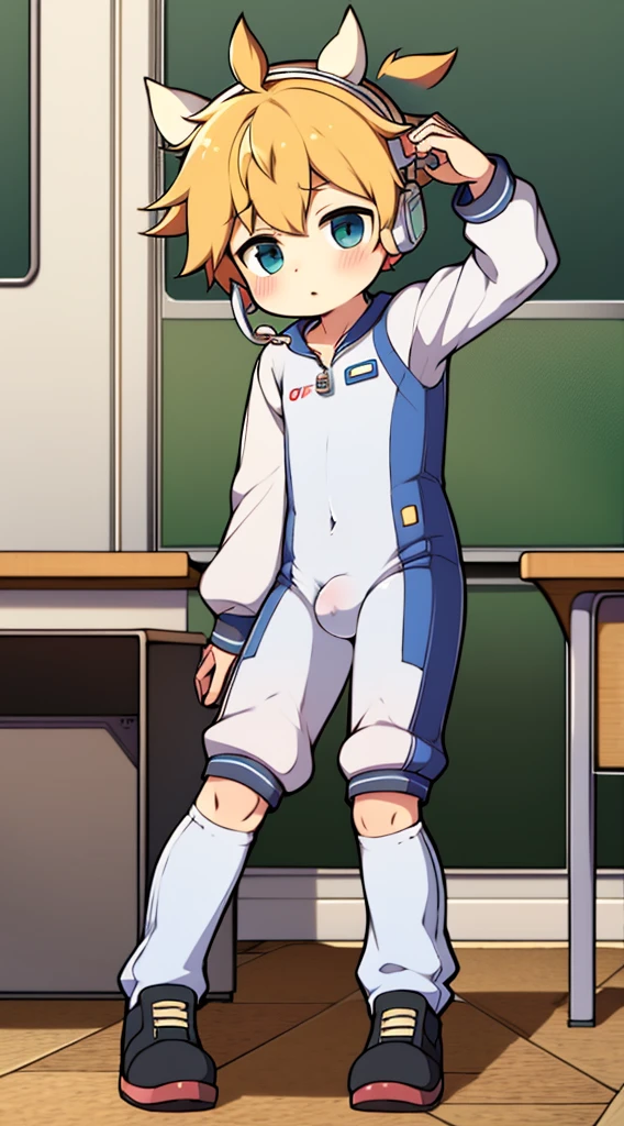 2D boy Shota，Siamese spacesuit，Put the headphones on your head，standing，goggles，horns，cow ears，sports shoes，classroom，