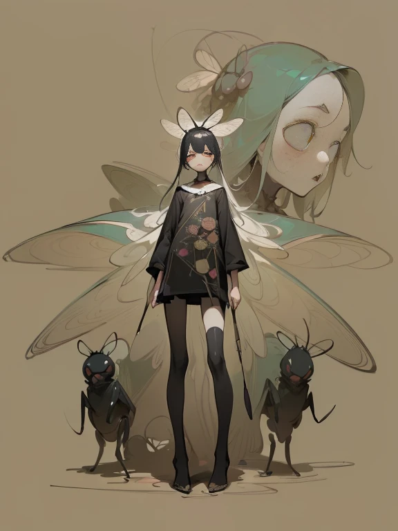 (,(masterpiece), (High resolution), (super delicate), (masterpiece: 1.2, highest quality), scribble, nightmare, doll-like face, cartoon style, rough sketch, Comic style illustration, Japanese painting, full body,(snap shot), flat illustration, creepy appearance, unique atmosphere、A human being surrounded by a large number of insects