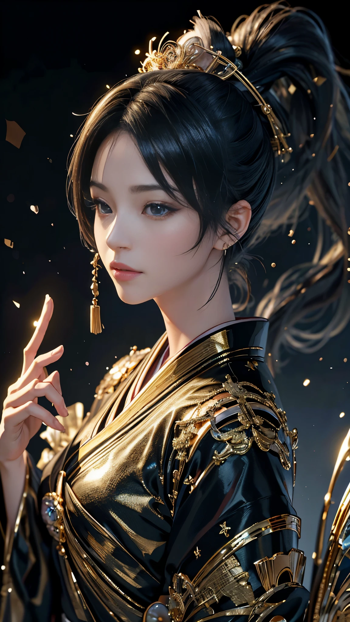 profile,Facing the viewer,((watching at viewers)),Gounio on dark background(kyoto、starryskybackground,Dense background),Perfect hand、Woman with shiny black hair,((3D with 3D effects)),Break the ponytail、exquisite costumes{Luxury kimono(Colorful kimono(Delicate gold embroidery,))}、face perfect,Depicting a beautiful and elegant Japanese woman。heart in the eyes。 Wallpaper 8k, .Blur the background with a sickle,((masutepiece)), ((Best quality)),{{Photorealistic}}