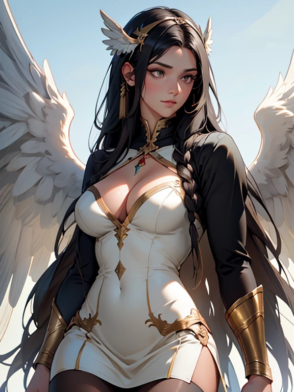 (best quality,8k:1.2,high resolution:1.2),ultra-detalhado,Realistic,vintage godess female,long black straight hair,rosto extremamente detalhado,long eyelashes,big white angel wings,soft dark red dress with gold details,cleavage,suntan pantyhose,metalic accessories,Physically-based rendering,sharp focus,white neutral background