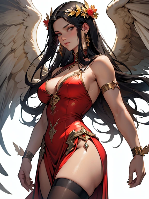 (best quality,8k:1.2,high resolution:1.2),ultra-detalhado,Realistic,vintage godess female,long black straight hair,rosto extremamente detalhado,long eyelashes,big white angel wings,soft dark red dress with gold details,cleavage,suntan pantyhose,metalic accessories,Physically-based rendering,sharp focus,white neutral background