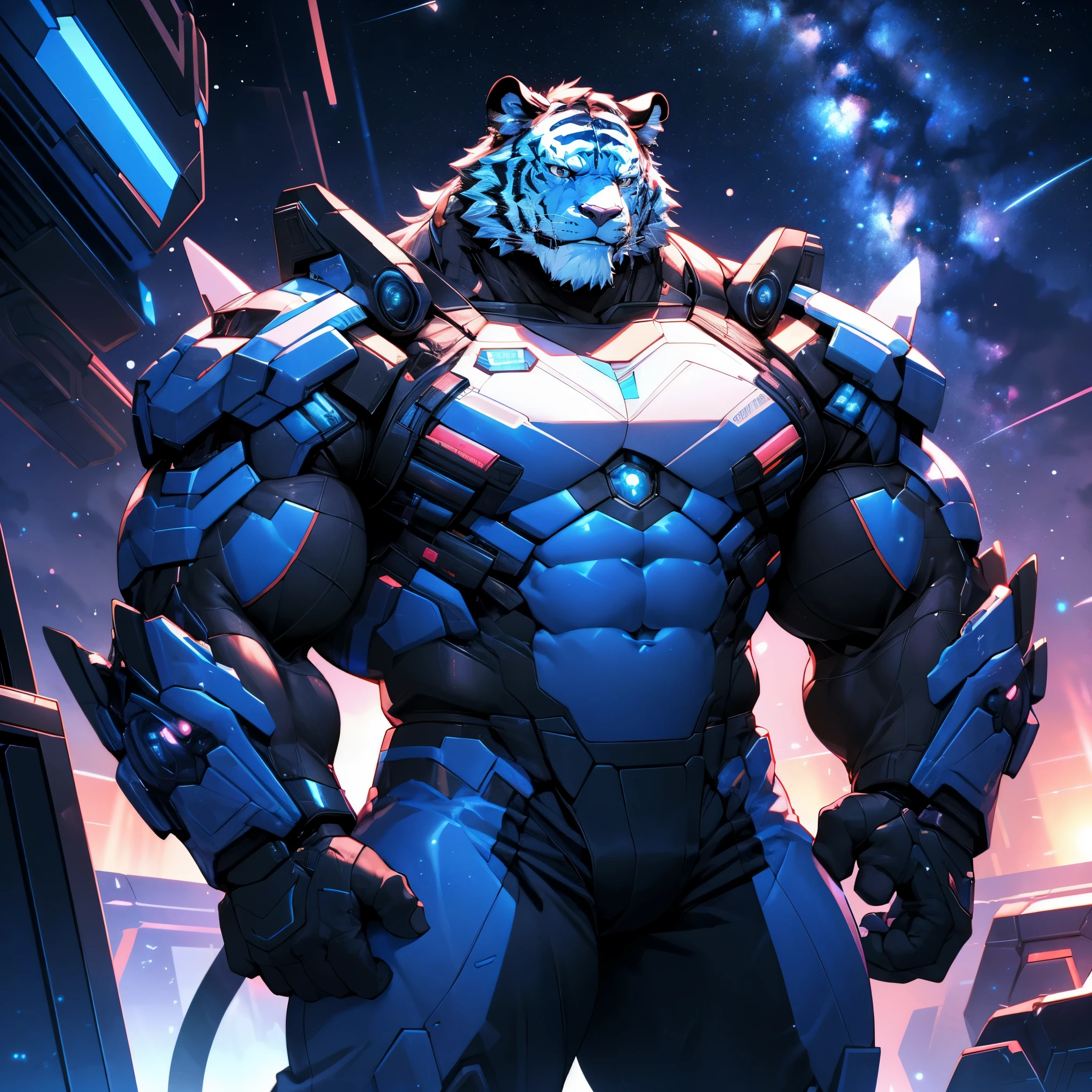 Very muscular white tiger, Large pecs, Heavyweight, Bodybuilder figure, Wearing cyberpunk mechs, skirt, big lump, Gaze at the Milky Way from a spaceship, in the universe, Bright smile emoticon, sparkling skin, bright colors, 4K, realism, Cool Lights