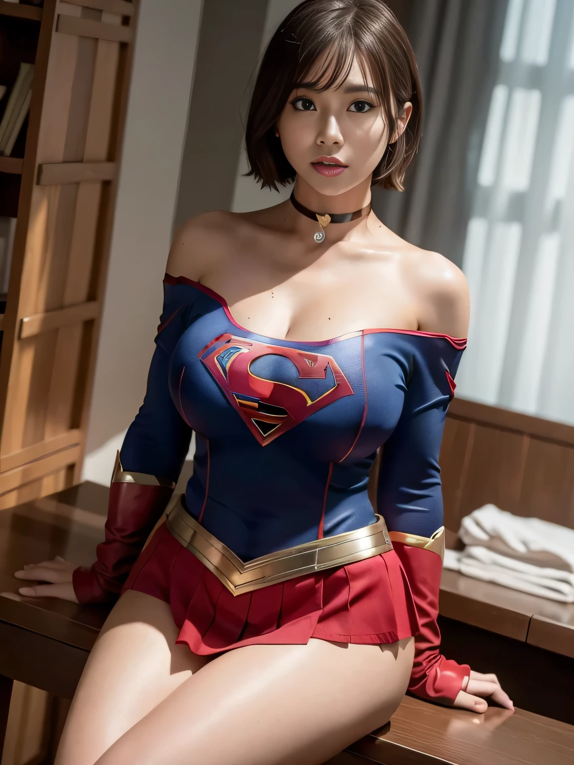 masterpiece、supergirl costume、short hair、barefoot、big and full breasts、Research room、operating table、Stretching、Tattered、shiny、look at the camera、Sexy poses to seduce、model body shape、choker、long sleeve、red mini skirt、Cowgirl、Estrus、sweaty、Radical、off shoulder、Glamorous、