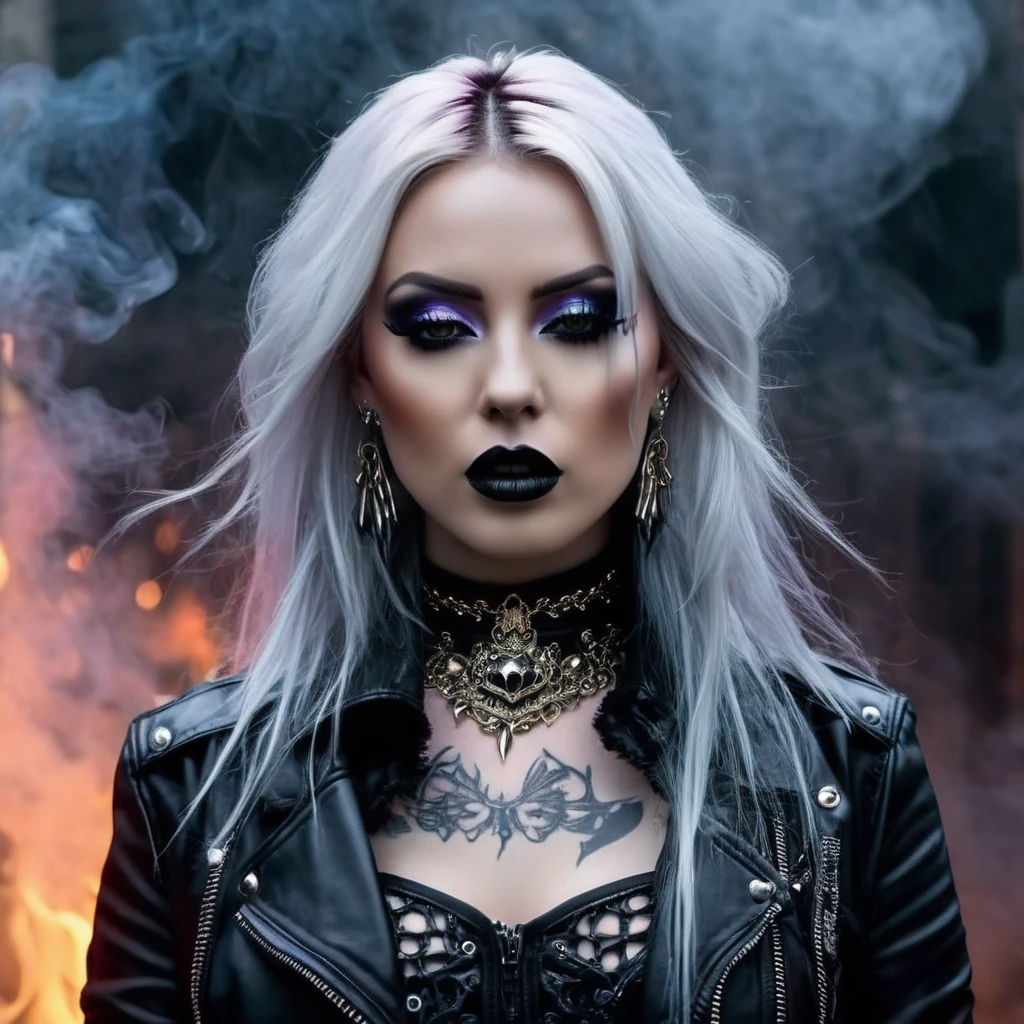 best quality,ultra-detailed,realistic,gothic rock/metal woman,dark style,fantasy artwork,hellish background,mystical aura,black leather jacket,heavy makeup,piercings and tattoos,pale skin,mesmerizing gaze,powerful stance,graceful movement,dramatic lighting,smoke and fog effects,hauntingly beautiful,expressive eyes,long flowing hair,ethereal beauty,mysterious atmosphere,moody color palette,gold and silver accents,ornate accessories,dark lipstick,silver jewelry,bold and confident,edgy and rebellious,vibrant energy,unique personality,iconic image,loud and powerful music played in the background