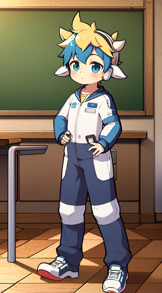 2D boy Shota，Siamese spacesuit，Put the headphones on your head，standing，goggles，horns，cow ears，sports shoes，classroom，