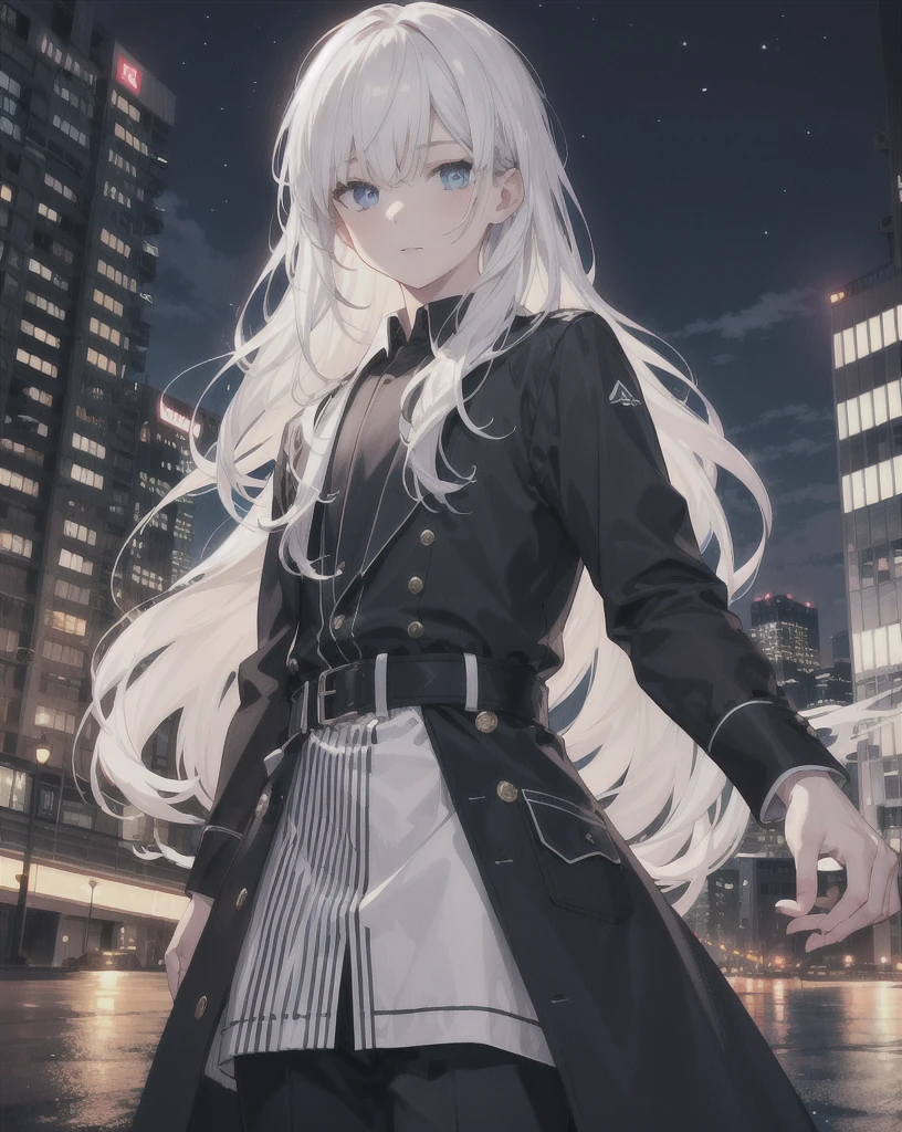 young boy,man,long hair,white hair,blue eyes,people,city,nighttime,realistic,4k,charming,very detailed,thin,