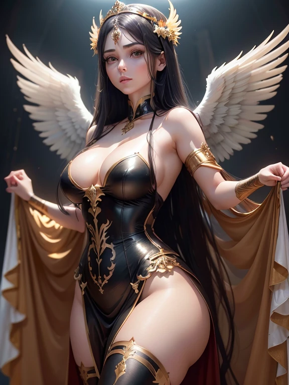 (best quality,8k:1.2,high resolution:1.2),ultra-detalhado,Realistic,vintage godess female,long black straight hair,rosto extremamente detalhado,long eyelashes,big white angel wings,soft dark red dress with gold details,cleavage,suntan pantyhose,metalic accessories,Physically-based rendering,sharp focus,white neutral background