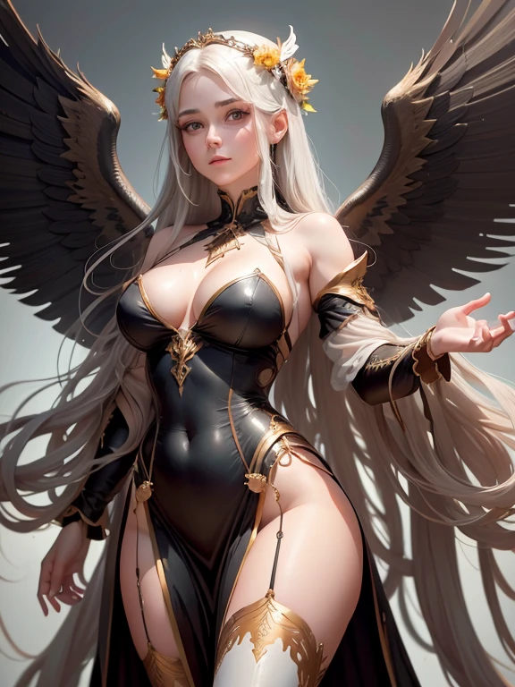 (best quality,8k:1.2,high resolution:1.2),ultra-detalhado,Realistic,vintage godess female,long black straight hair,rosto extremamente detalhado,long eyelashes,big white angel wings,soft dark red dress with gold details,cleavage,suntan pantyhose,metalic accessories,Physically-based rendering,sharp focus,white neutral background