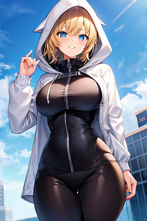 1girl, hood, jacket, hooded jacket, hood on, hood up, blonde hair, large breasts, breasts, wide hips, thick thighs, hourglass figure, white jacket, black shirt, shirt, very short hair, pants, black pants, smile, toned, toned female, urban, mature female, tall, tall female, zipper, happy, 