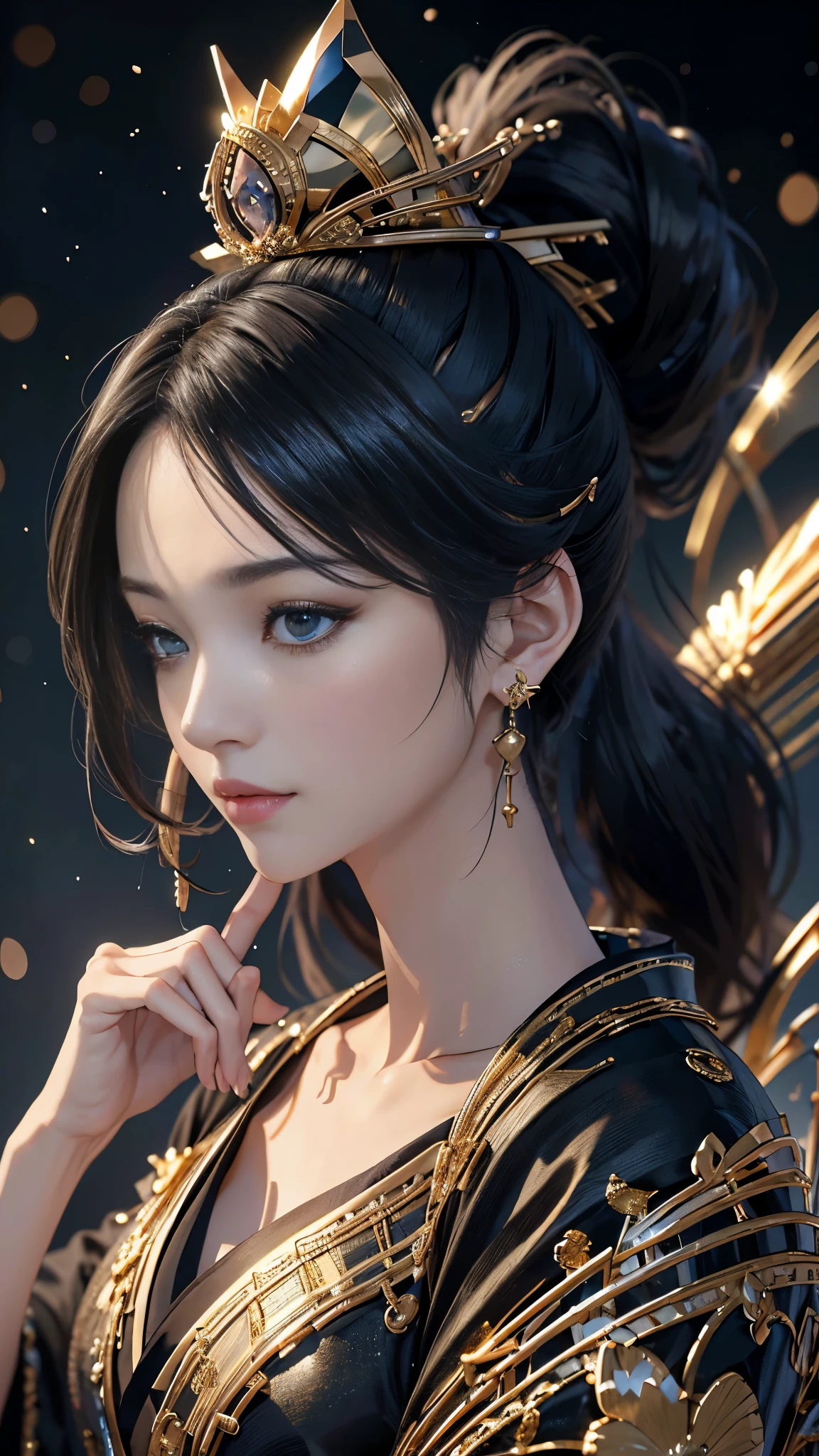 profile,Facing the viewer,((watching at viewers)),Gounio on dark background(kyoto、starryskybackground,Dense background),Perfect hand、Woman with shiny black hair,((3D with 3D effects)),Break the ponytail、exquisite costumes{Luxury kimono(Colorful kimono(Delicate gold embroidery,))}、face perfect,Depicting a beautiful and elegant Japanese woman。heart in the eyes。 Wallpaper 8k, .Blur the background with a sickle,((masutepiece)), ((Best quality)),{{Photorealistic}}