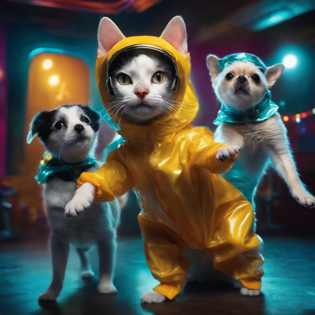 Cat wearing a hazmat suit dancing with 2 dogs in a disco