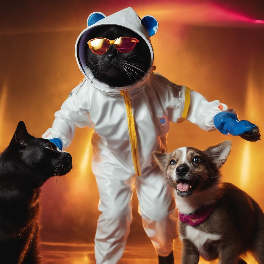 Cat wearing a hazmat suit dancing with 2 dogs in a disco