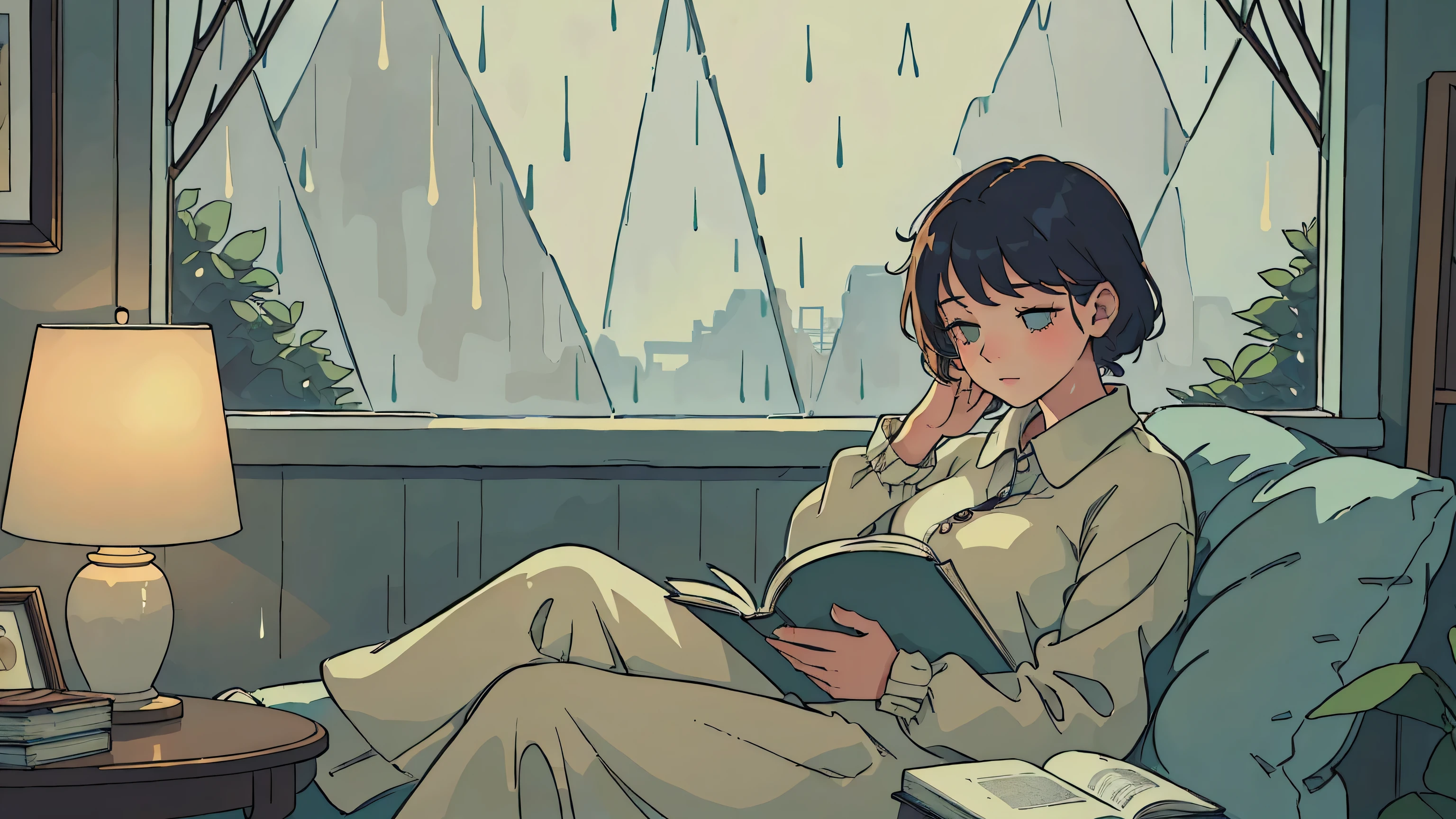 (best quality), (masterpiece), a person reading a book by the window on a rainy day, (rainy day:1.3), (window:1.1), (book:1.2), (indoors:1.2), (cozy atmosphere:1.15), (peaceful:1.1), (relaxing:1.1), (soft light:1.2), (vintage aesthetic:1.2), one women