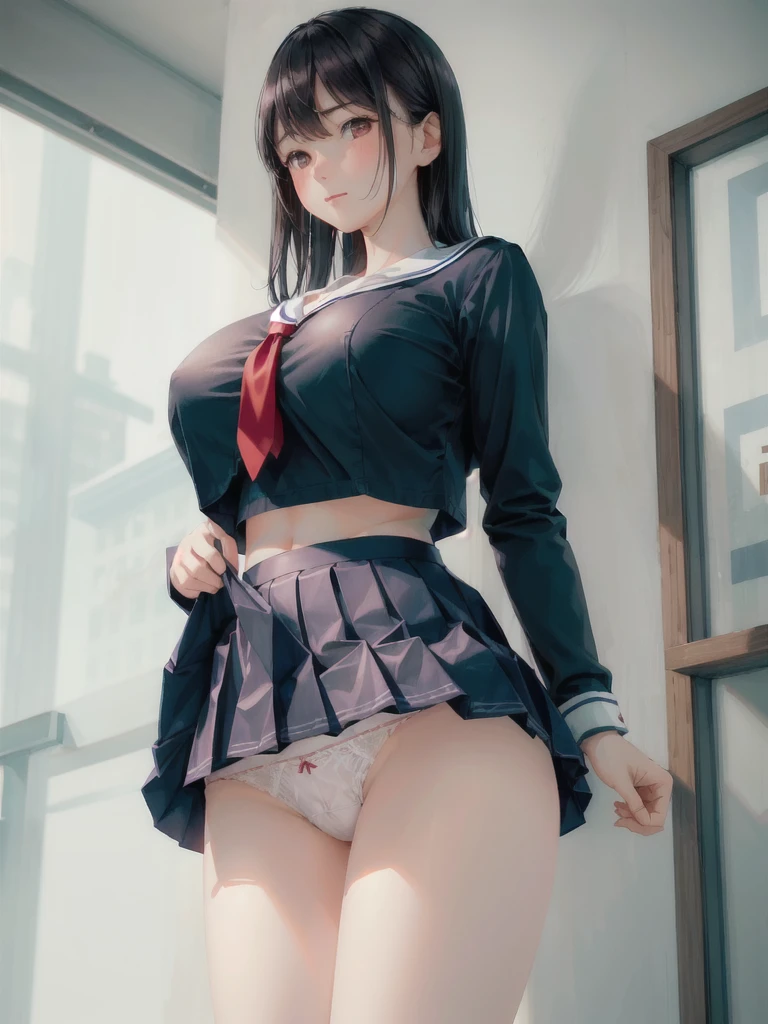 realistic 8k, top-quality, nsfw, 1woman, solo, black hair, navel, (sailor uniform), red tie, (navy blue pleated Skirt), ((white pantie)), ((huge breasts)), (cleavage), lift skirt, pantie shot, blush, from below,