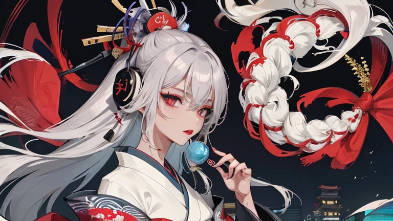 high quality,masterpiece,Dark-skinned Japanese woman in a colorful kimono,arm with tattoo,beautiful blue droopy eyes,japanese geisha,long silver hair,Listening to music through headphones,ear earrings,dragon tattoo,tattoo,expression of ridicule,gray hair,red lipstick,dark makeup,A luxurious building reminiscent of a Japanese brothel,whole body,Carrying a Japanese sword,Images for YouTube
