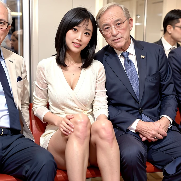 (1 young lady sitting next to 1 old man wearing half pants:2,close to each other:1.2,wrapping old man’s arm around lady’s shoulder),very cute face,bob cut,(wearing suits,upskirt:1.5),inside train,perfect anatomy, masterpiece, best quality,8k,perfect face,from front