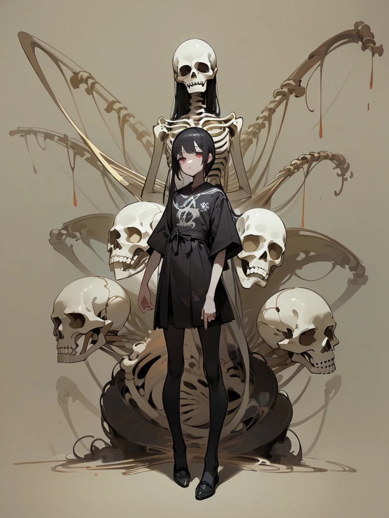 (,(masterpiece), (High resolution), (super delicate), (masterpiece: 1.2, highest quality), scribble, nightmare, doll-like face, cartoon style, rough sketch, Comic style illustration, Japanese painting, full body,(snap shot), flat illustration, creepy appearance, unique atmosphere、White God on a skeleton、