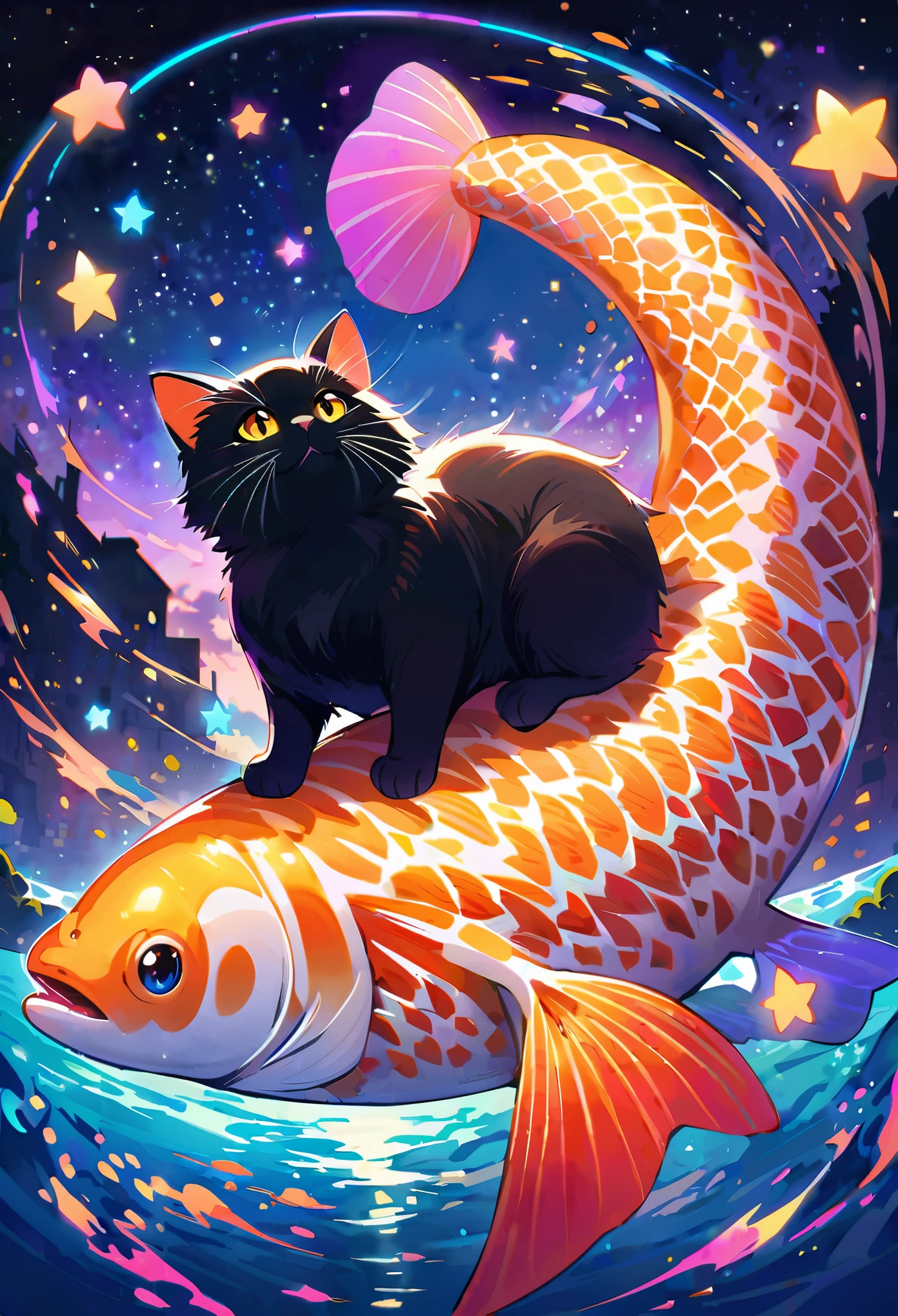 A black cat is sitting on the water, holding onto an elegant golden koi fish with glowing scales that glow in neon colors. The fish is flying above the cat. The background features a dark blue sky and stars, creating a dreamy atmosphere. This artwork was created using digital painting techniques to highlight intricate details of textures and lighting effects. It captures a magical moment when cats were interacting with the colorful glow from their happy pet goldfish under starry skies, in the style of magical realism. 