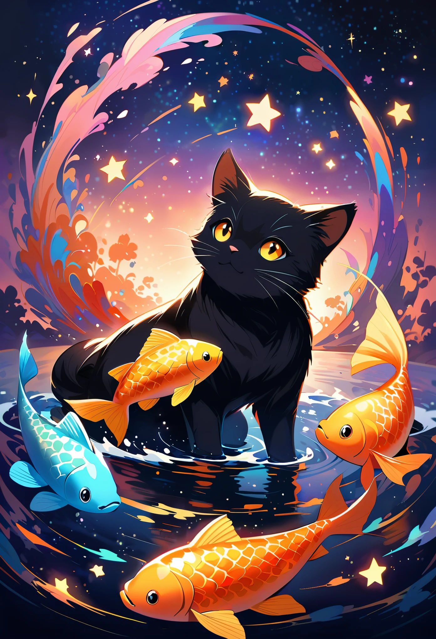 A black cat is sitting on the water, holding onto an elegant golden koi fish with glowing scales that glow in neon colors. The fish is flying above the cat. The background features a dark blue sky and stars, creating a dreamy atmosphere. This artwork was created using digital painting techniques to highlight intricate details of textures and lighting effects. It captures a magical moment when cats were interacting with the colorful glow from their happy pet goldfish under starry skies, in the style of magical realism. 