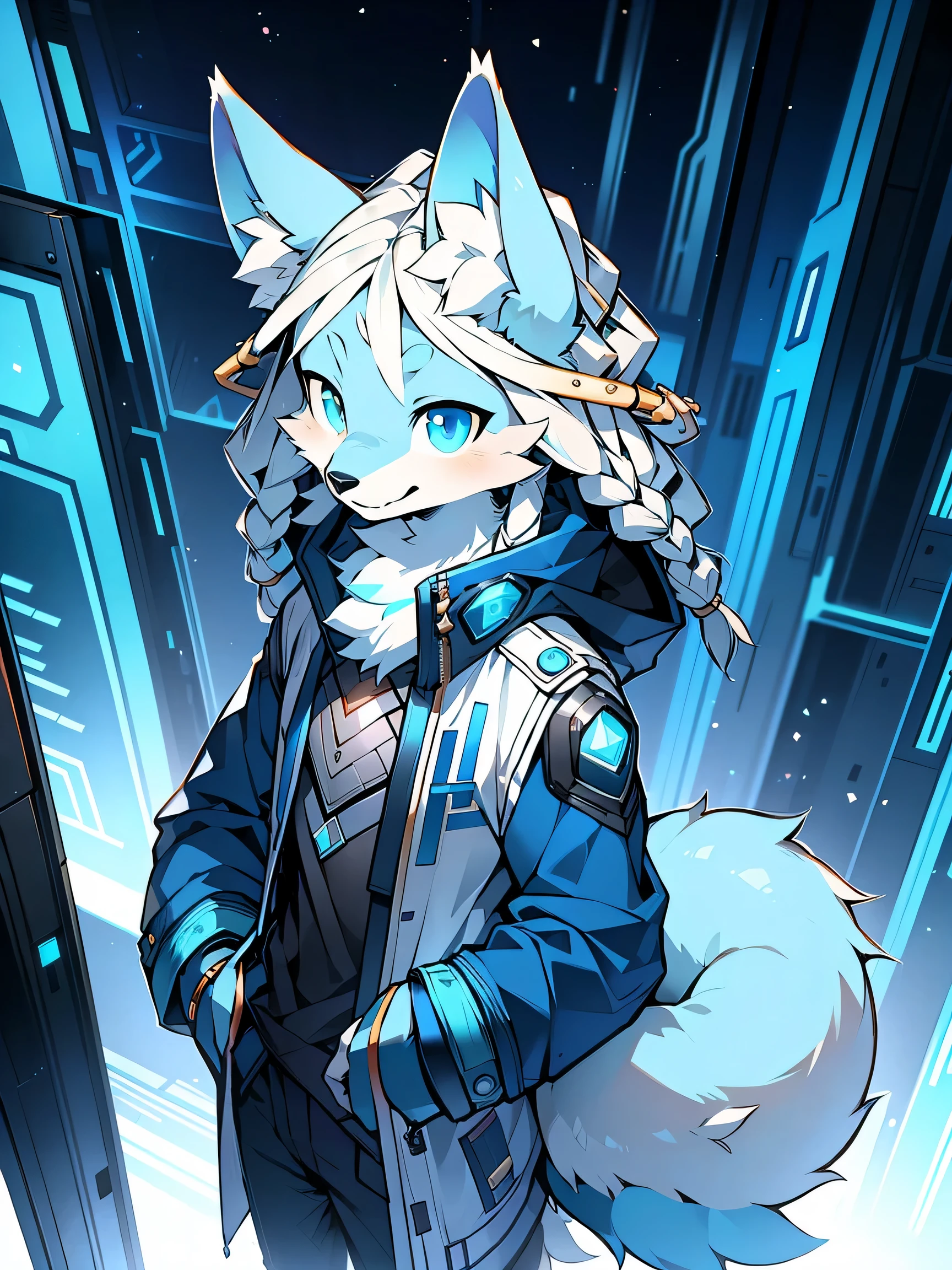 Rystal, Star Fox, Male, (A detailed), fluffly, Solo, , fotorealistisch, ((clear structural details)), Meticulous and realistic, detailed eyes, (Turquoise blue pupils), ((Silvery-white glowing eyes)), Evil smile, Smile, slenderness, soft, 4K, Excellent quality, high detal, Detailed fur, ((The tail is in the right place) ，Light blue latex coat，Dreadlocks，Cyberpunk trench coat