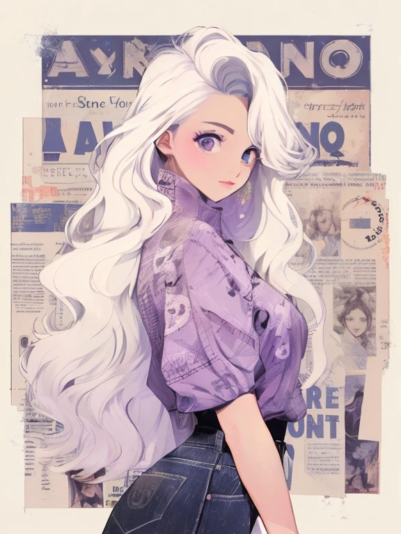 An anime girl with long white hair and a purple shirt stands in front of a newspaper, retro anime girl, 完璧なwhite hair girl, white-haired twilight, white hair girl, lost run style, Ilya Kubshinov with long hair, white haired woman, anime style illustration, Ross Tran風に, art station trends, anime graphic illustration, Ross Tran!!!