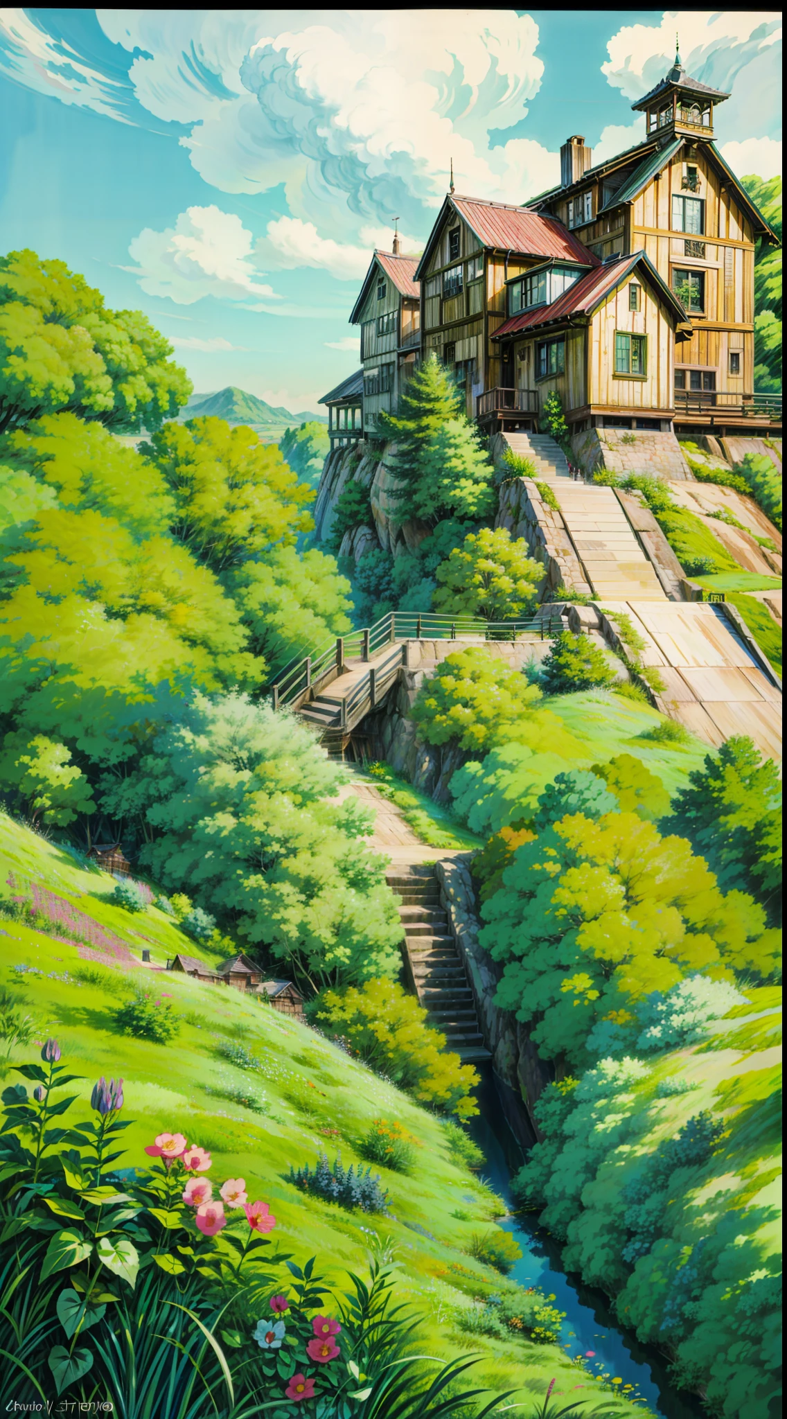a grassy hill with a wooden fence on top of it, cinematic studio ghibli still, studio ghibli movie still, anime countryside landscape, from the studio ghibli film, studio ghibli anime screenshot, studio ghibli landscape, studio ghibli smooth concept art, studio ghibli environment, still from studio ghibli, style of hayao miyazaki, in the studio ghibli anime film, studio ghibli sunlight, 4k hd,, beautiful art uhd 4 k, a beautiful artwork illustration, beautiful digital painting, highly detailed digital painting, beautiful digital artwork, detailed painting 4 k, very detailed digital painting, rich picturesque colors, gorgeous digital painting