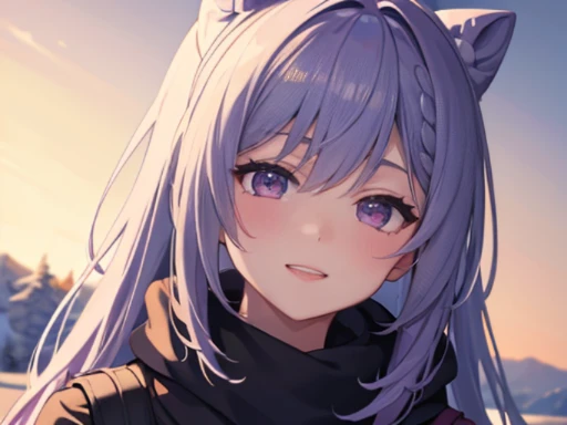 (masterpiece), (highest quality) , super detailed, shine, shine光, ray tracing, Depth of the bounds written, (perfect face, detailed face, fine eyes,perfect hands :0.7),(8k),super realistic face,ray tracing,perfect lighting,highest quality, super detailed, shine目, (looking at the viewer,smile:1.1), ((1 girl)), (mature woman:1.4), Tokiharu, Keqing, Snowy countryside, winter landscape, Winter coats, long coat, beautiful ,winter boots, gloves, smile, beauty of nature, purple hair, shine青い目, detailed facial features, rosy cheeks, (優しいsmile), ice breath, ピンクとwinter landscape, snowflakes falling quietly, Crisp winter air, quiet and peaceful, Calm atmosphere, Traces of footprints,winter wonderland, untouched nature, Soft and fluffy snow, clear blue sky, sunlight filtering through the foliage, Exquisite shadows,
