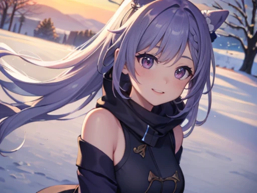 (masterpiece), (highest quality) , super detailed, shine, shine光, ray tracing, Depth of the bounds written, (perfect face, detailed face, fine eyes,perfect hands :0.7),(8k),super realistic face,ray tracing,perfect lighting,highest quality, super detailed, shine目, (looking at the viewer,smile:1.1), ((1 girl)), (mature woman:1.4), Ganyu, Ganyu,Snowy countryside, winter landscape, Winter coats, long coat, beautiful ,winter boots, gloves, smile, beauty of nature, purple hair, shine青い目, detailed facial features, rosy cheeks, (優しいsmile), ice breath, ピンクとwinter landscape, snowflakes falling quietly, Crisp winter air, quiet and peaceful, Calm atmosphere, Traces of footprints,winter wonderland, untouched nature, Soft and fluffy snow, clear blue sky, sunlight filtering through the foliage, Exquisite shadows,
