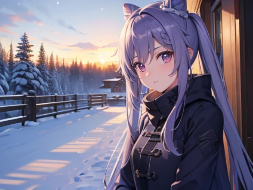 (masterpiece), (highest quality) , super detailed, shine, shine光, ray tracing, Depth of the bounds written, (perfect face, detailed face, fine eyes,perfect hands :0.7),(8k),super realistic face,ray tracing,perfect lighting,highest quality, super detailed, shine目, (looking at the viewer,smile:1.1), ((1 girl)), (mature woman:1.4), Tokiharu, Keqing, Snowy countryside, winter landscape, Winter coats, long coat, beautiful ,winter boots, gloves, smile, beauty of nature, purple hair, shine青い目, detailed facial features, rosy cheeks, (優しいsmile), ice breath, ピンクとwinter landscape, snowflakes falling quietly, Crisp winter air, quiet and peaceful, Calm atmosphere, Traces of footprints,winter wonderland, untouched nature, Soft and fluffy snow, clear blue sky, sunlight filtering through the foliage, Exquisite shadows,