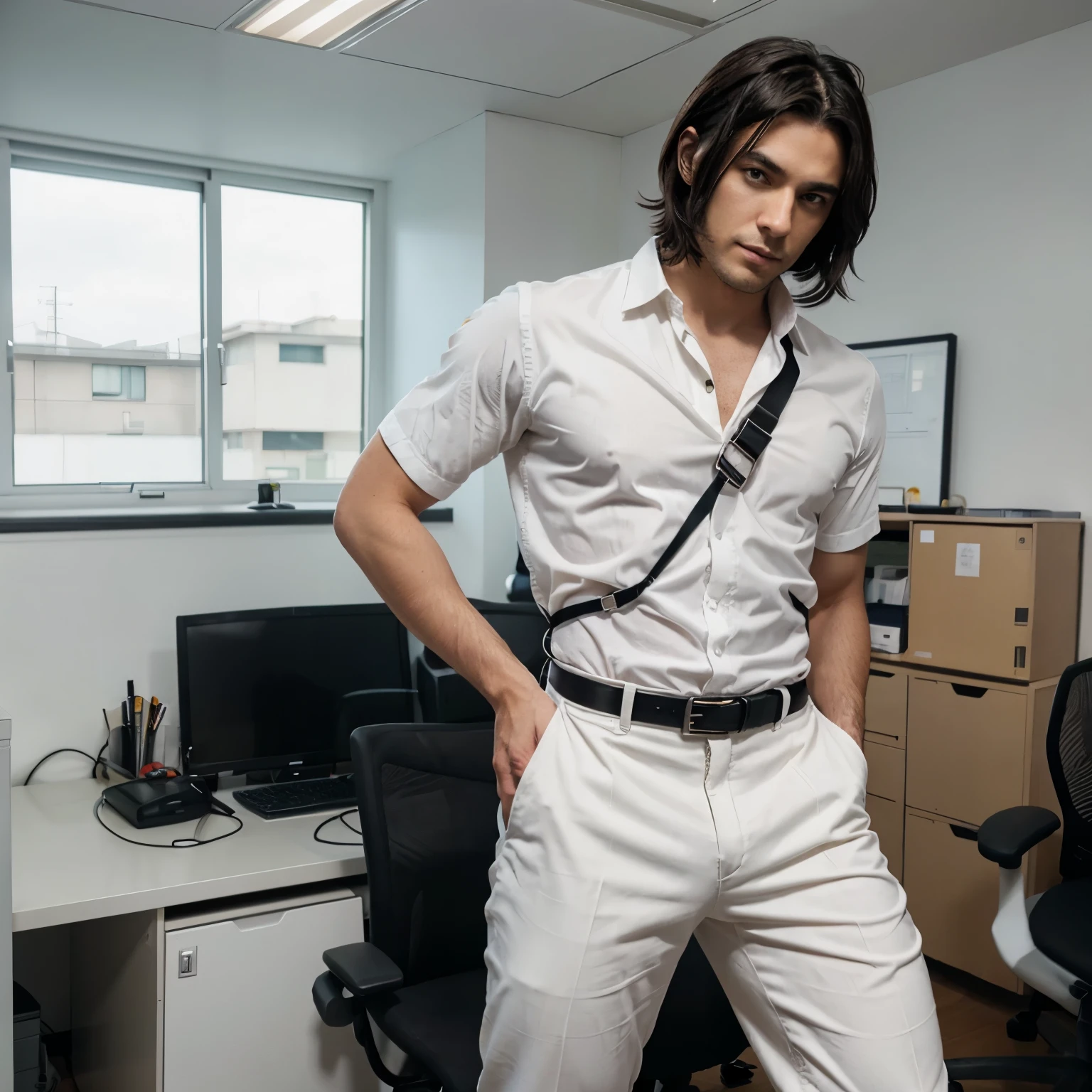 Anime Sexy man, a guy with dark hair, white office shirt, trousers, male harness