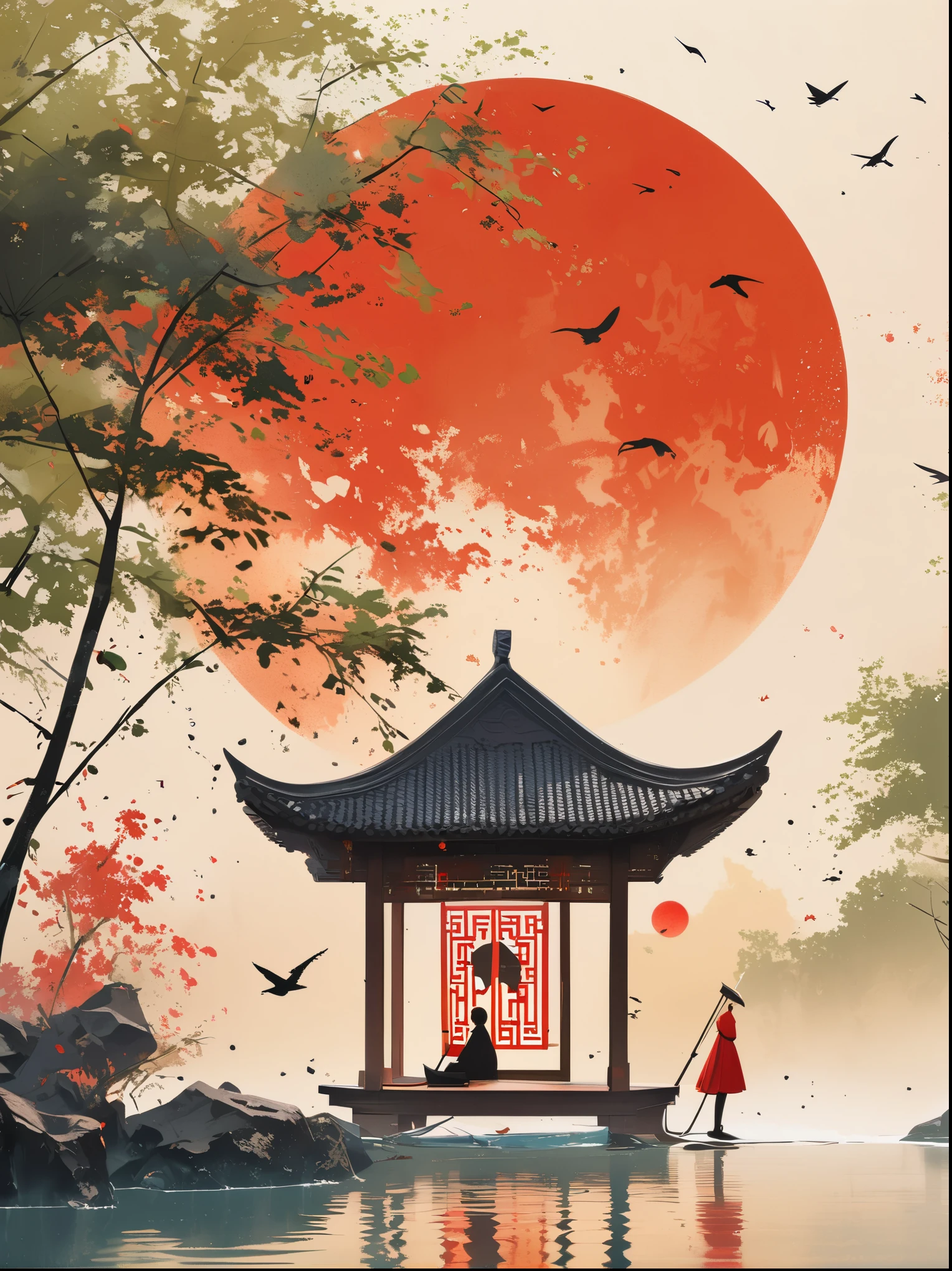 Minimalist composition red sun with black man sitting on it mirror reflection of tree and water surface, surrealism, clean background, in the style of cinema4d rendering, high resolution photography, dream scene, minimalist sculpture art installation, ink painting, Chinese style