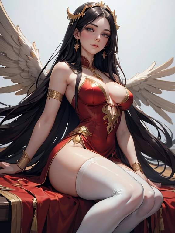 (best quality,8k:1.2,high resolution:1.2),ultra-detalhado,Realistic,vintage godess female,long black straight hair,rosto extremamente detalhado,long eyelashes,big white angel wings,soft dark red dress with gold details,cleavage,suntan pantyhose,metalic accessories,Physically-based rendering,sharp focus,white neutral background