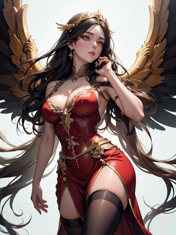 (best quality,8k:1.2,high resolution:1.2),ultra-detalhado,Realistic,vintage godess female,long black straight hair,rosto extremamente detalhado,long eyelashes,big white angel wings,soft dark red dress with gold details,cleavage,suntan pantyhose,metalic accessories,Physically-based rendering,sharp focus,white neutral background