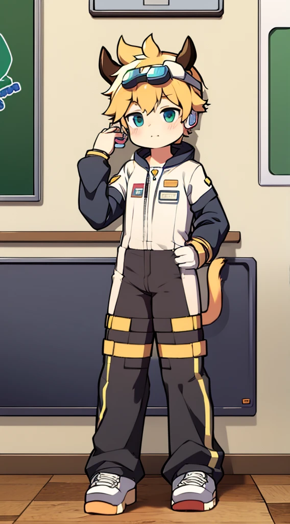 2D boy Shota,Siamese spacesuit,Put the headphones on your head,standing,goggles,horns,cow ears,sports shoes,classroom,