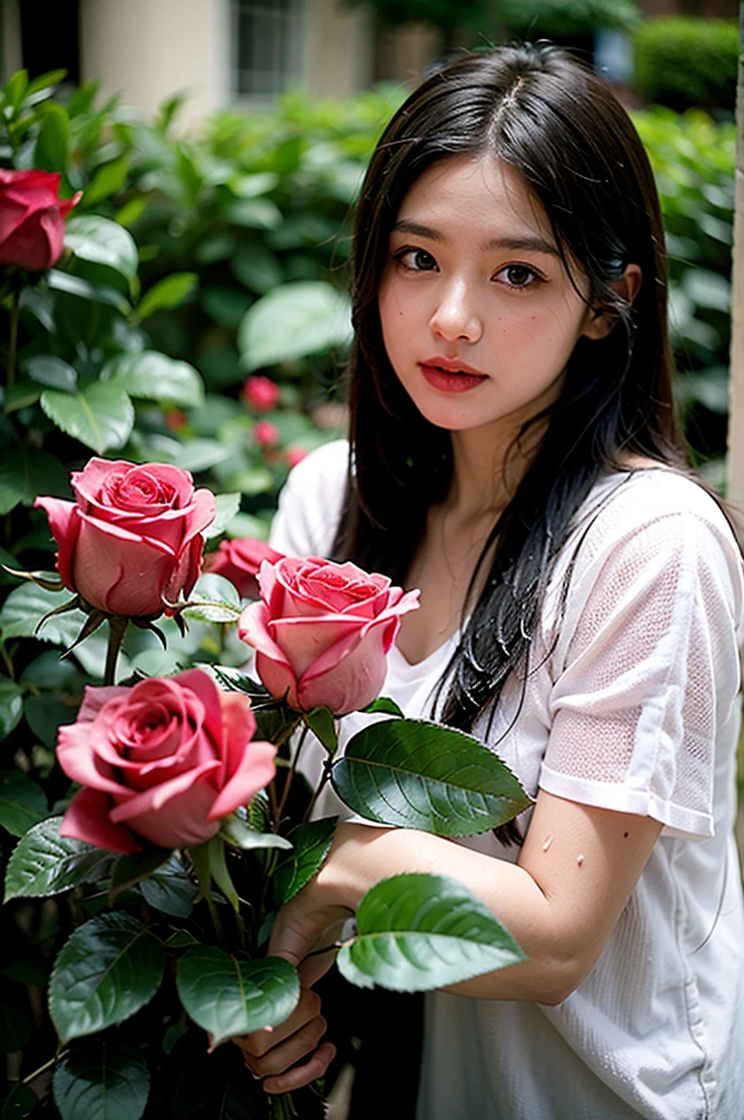 Pink roses are soaked in the rain