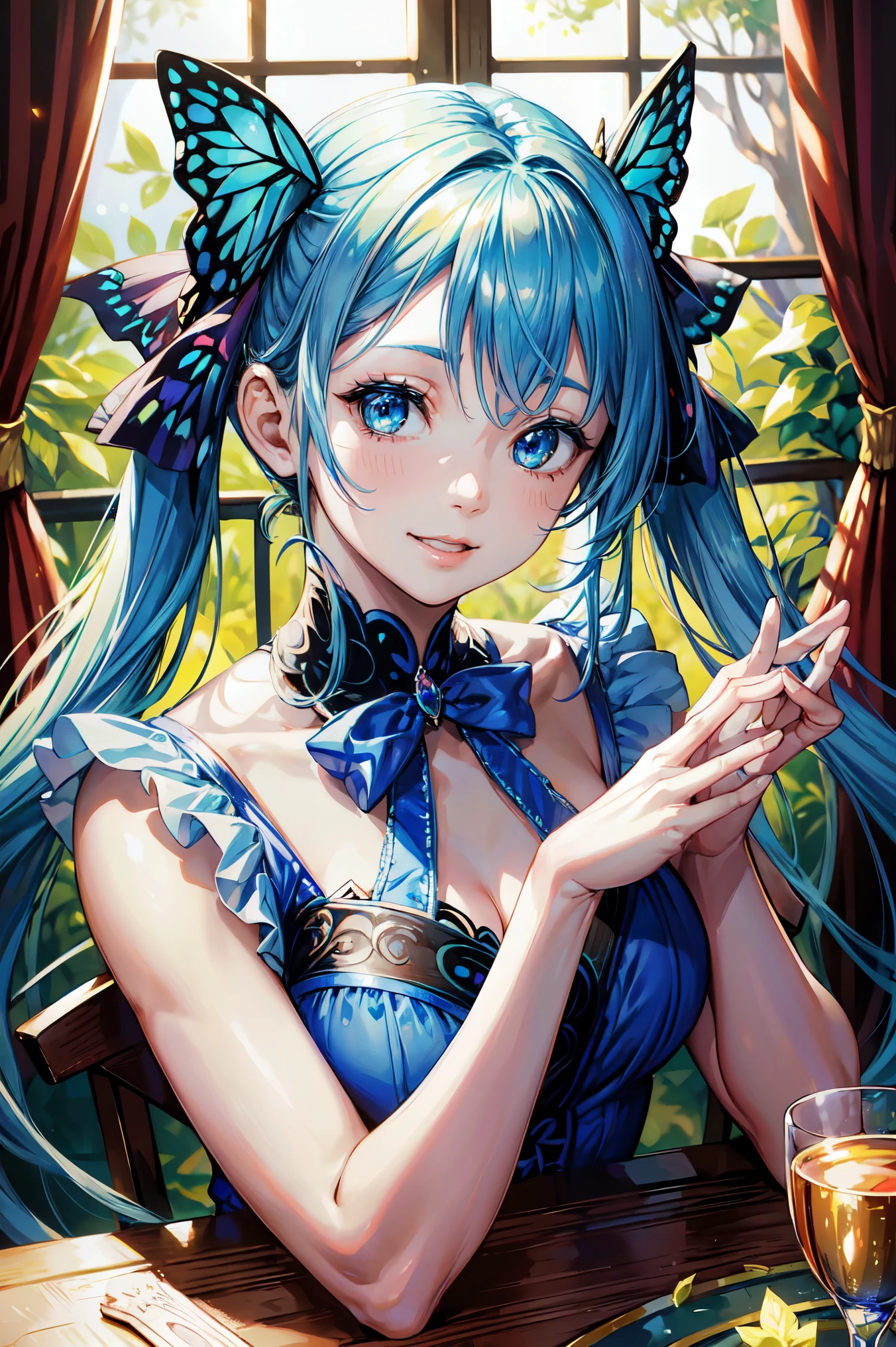 Blue rose、rose garden、(table top:1.3), (8K, realistic, Raw photo, highest quality: 1.4), beautiful face, (realistic face), detailed and beautiful eyes, (realistic skin), Charm, intricate details,golden ratio,  1 girl,いたずらなsmile, (rainbowの髪:1.4),((long twin tails,Ribbon 1.4)),Butterfly hair accessory and transparent blue dress 1.3),dynamic pose,dynamic angle,intricate details, surreal、laughter、smile、facial enhancement、god々Light of、god々、heaven、rainbow