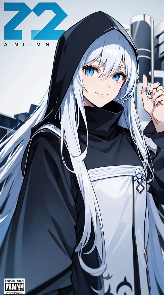 Cover magazine, anime. A young woman with long white hair and blue eyes. Wearing all black clothes. Wearing a long black robe and a hood covering her head. A mysterious impression. She was smiling brightly.