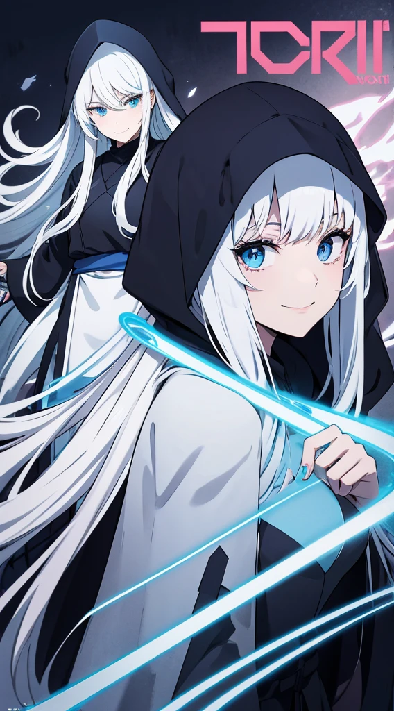 Cover magazine, anime. A young woman with long white hair and blue eyes. Wearing all black clothes. Wearing a long black robe and a hood covering her head. A mysterious impression. She was smiling brightly.