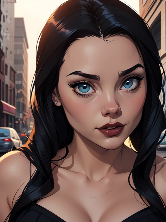 Personagem Christina Ricci cabelo preto estilo Morticia AddamsImagem de desenho animado de uma mulher .cartoon style illustration, estilo de arte dos desenhos animados, estilo de arte dos desenhos animados, digital illustration style, design de personagens altamente detalhado, arte digital detalhada fofa, City fan art, Design de personagens de retrato, beautiful digital illustration, retrato de alta qualidade, Arte em quadrinhos, young woman expressing sexual desire.